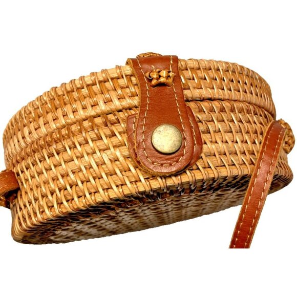 Round Rattan Woven Crossbody 8" Bag Purse Leather Strap& Closure Boho Bali Style - Picture 6 of 7
